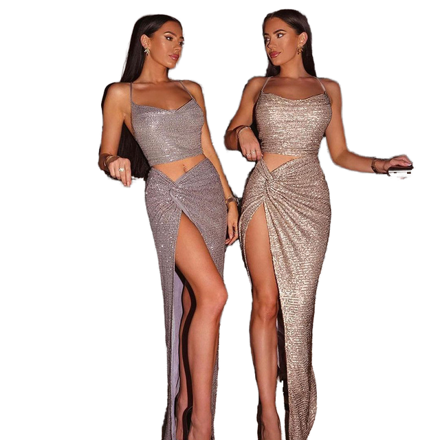 New Trending Solid Casual Women's Sequined Woven Ankle-Length Worsted Two-Piece Pants Matching Outfits