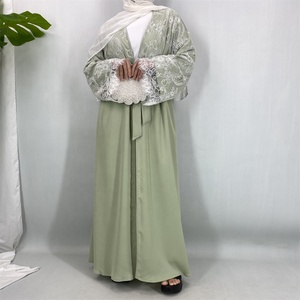 Abaya Chic Sauge Noir Bleu Nida avec Manches en Dentelle + Hijab Assorti - Tenue Élégante et Modeste pour Mariage et Occasions Spéciales (1485) - Product Image 2