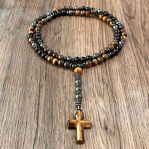 Collar con colgante de Cruz religiosa con cuentas de ojo de tigre amarillo hematita para hombres, regalo de estilo Hip Hop, joyería de Piedra de hierro - Product Image 1