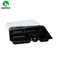 Boîte à déjeuner jetable bento à emporter 5 compartiments transparent noir récipient alimentaire en plastique PS bon marché