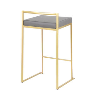 Taburete de Barra de <span class=keywords><strong>Cocina</strong></span> de Lujo Moderno <span class=keywords><strong>con</strong></span> Asiento Acolchado de Cuero PU Gris, <span class=keywords><strong>Respaldo</strong></span> Bajo y Estructura Metálica Cuadrada Dorada - Product Image 4