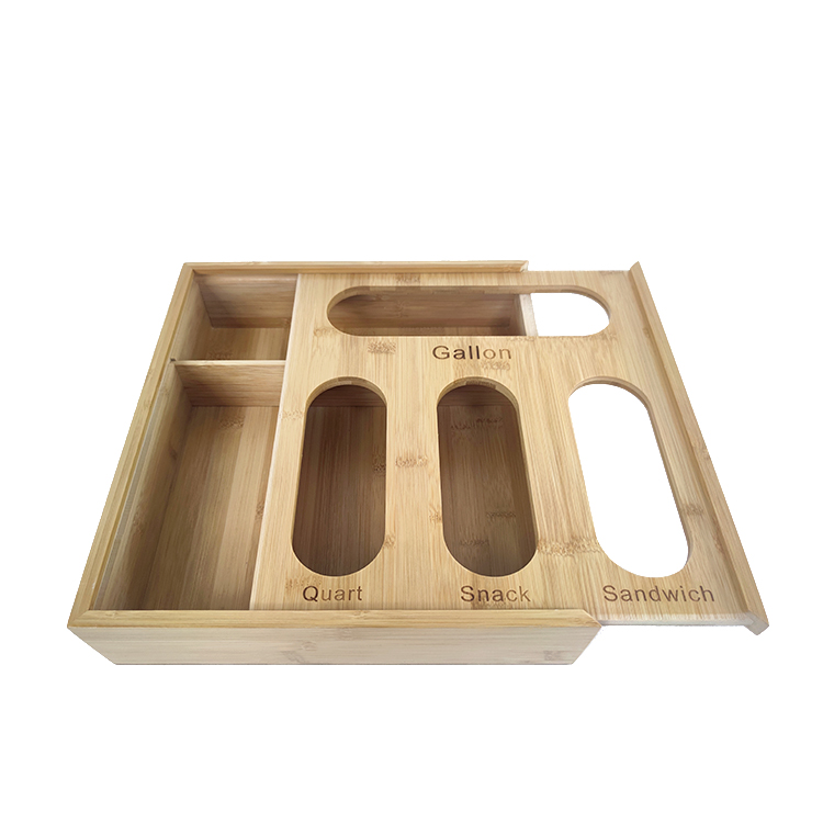Kitchen Drawer Baggie Holder Organizer , Food Storage Bag Dispenser Bamboo Ziplock Bag Storage Organizer with Lid