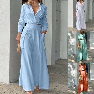 Completo Casual da <span class=keywords><strong>Donna</strong></span> Tinta Unita con Top Corto a Maniche Lunghe con Risvolto e Chiusura Incrociata, <span class=keywords><strong>Pantaloni</strong></span> a Gamba Larga con Tasche, per Uso Quotidiano e Tempo Libero, Vendita all'Ingrosso 1 MOQ - Product Image 2