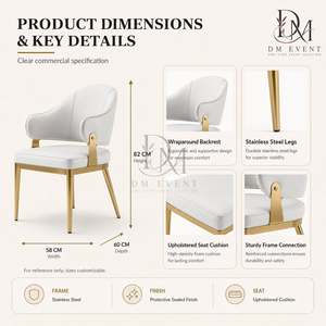 Modern Curved Upholstered Arm Back Gold Stainless Steel Wedding <b>Dining</b> <b>Chair</b> with White <b>Cushion</b> for Hotel Banquets Wholesale - Product Image 2