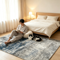 Tapis persan vintage à motifs floraux gris et bleu, effet vieilli, lavable, antidérapant, en polyester, décoration personnalisée pour la maison