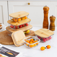 Ensemble de boîtes à lunch en verre borosilicate de haute qualité avec couvercle en bambou et en bois, capacité de 1 à 2 L, résistant aux micro-ondes, étanche et hermétique