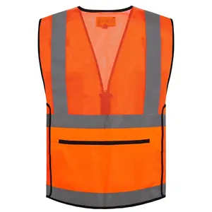 Hi Vis Orange Mesh Construction Safety Vests Reflective Security Vest Multi Pockets Work Wear