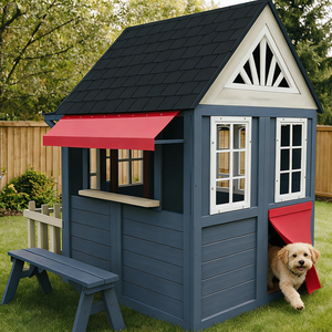 Maison pour enfants Outsunny 3-7 ans avec clôture, support pour plantes, porte et fenêtres, en bois de sapin, bleu - Product Image 6