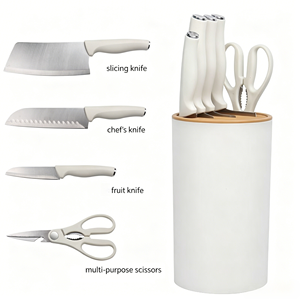 Ensemble de 5 couteaux ambidextres en acier inoxydable blanc crème, bloc cylindrique, couteau à trancher, Santoku, couteau à fruits, <span class=keywords><strong>ciseaux</strong></span> multi-usages - Product Image 1