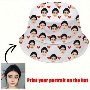 Sombrero de Pescador Ligero Personalizable, 1 Pieza, Impresión de Retrato Personalizado, Patrón de Corazones Aleatorios, Ropa Casual, Regalo, Tipo Dibujo Animado - Product Image 3