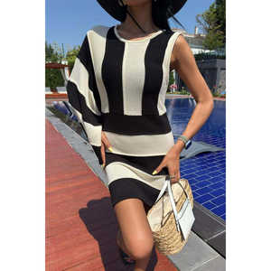 Vestido Asimétrico de Punto con Cuello Redondo Negro Ecrú para Uso Diario Casual Transpirable - Product Image 4