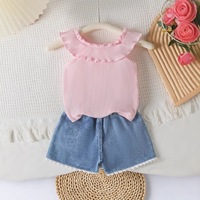 Ensemble de tenue d'été pour filles, haut sans manches rose à volants brodés en forme de cœur, short en jean pour enfants