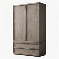 Armoire coulissante moderne minimaliste en bois massif avec 2 tiroirs, panneau plat, grain de chêne vieilli, armoires de chambre autoportantes