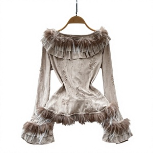 Damen-Bluse mit Federbesatz, volle Ärmel, Raglan-Rüschenkragen, gewebtes Hemd, lässig, Herbst - Product Image 3