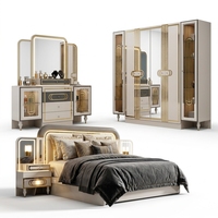Ensemble de meubles de chambre à coucher de luxe arabe moderne personnalisé, lit rembourré en métal à motifs dorés, commode LED, armoire, hôtel, appartement