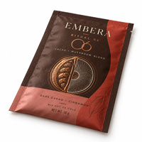 Feuille d'or estampée personnalisée pour sachet de 18g de poudre de mélange de cacao et de champignons, emballage alimentaire pour animaux de compagnie foncés avec encoche de déchirement