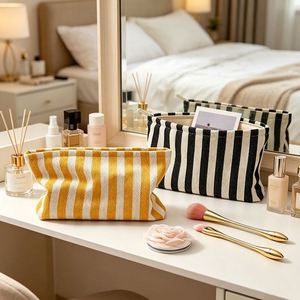 Striped Canvas Cosmetic Bag Portable Women Hand Held Makeup Pouch Zipper Closure for <b>Lipstick</b> Cosmetics Travel Storage - Product Image 2