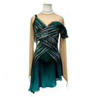 Robe de patinage artistique vert foncé à épaules dénudées, costume décoré de strass pour la compétition et les spectacles des adultes et des enfants