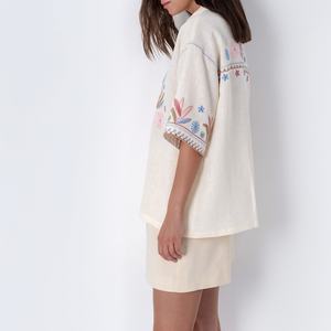 Conjunto de Lino de Manga Corta para Mujer con Logotipo Personalizado al por Mayor 2025, Camisas con Botones y Pantalones Cortos, Traje Casual de Moda para Mujer - Product Image 4