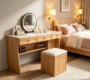 Premium Oak White Top Dressing Table Round <b>LED</b> <b>Mirror</b> Triple Drawer Open Compartment <b>Makeup</b> Vanity With Storage Stool - Product Image 3