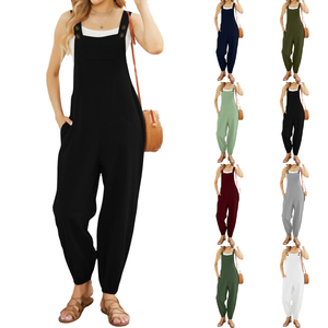 Combinaison décontractée en coton et lin pour femme avec poches ajustées à la taille, pantalon skinny boutonné, couleur unie, respirante - Product Image 4