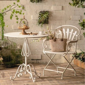 Set Tavolo e Sedie da Esterno in Ferro Battuto Bianco Anticato Stile Country Francese per Giardino, Balcone, <span class=keywords><strong>Caffè</strong></span> - Product Image 3