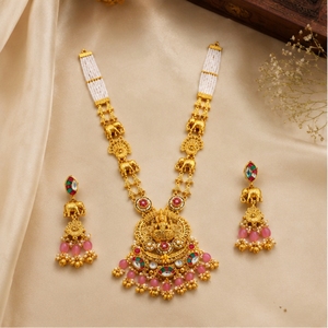 Traditional 925 Silver Strand Necklace Earrings Set with Pink Beads <b>Elephant</b> Pendant Temple Jewelry for Women Bridal Party <b>Gift</b> - Product Image 3