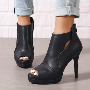 Women Peep Toe Cutout Platform Ankle Booties Custom Logo OEM ODM Back Zipper Thin Stiletto Heel Leather High Heel Sandal Boots - Product Image 3
