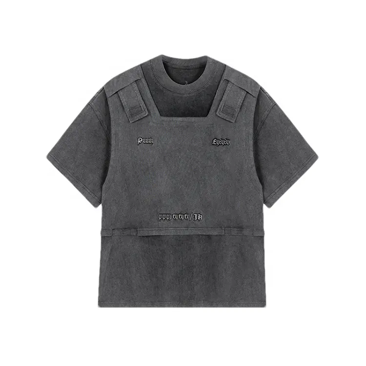 Finch camiseta fria cinza lavado vestuário, venda por atacado, vintage, dupla camada cropped
