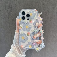 Coque de téléphone transparente à motif floral pleine surface avec bracelet tendance et chaîne pour iPhone 14 15 16 17 PRO MAX
