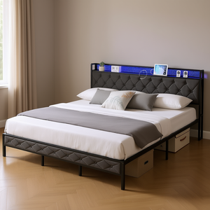 Db King Metal <b>Bed</b> <b>Frame</b> With <b>Led</b> Charging Station Upholstered Headboard Storage Modern Bedroom Furniture - Product Image 2