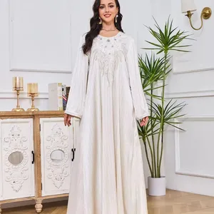 High quality soft muslim dress fashion embroidery floral print malaysian one piece white abaya sell online in dubai