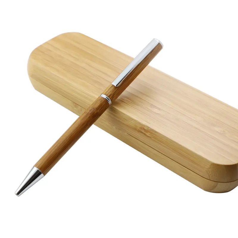 Stylo en bois de bambou avec boîte, accessoires de papeterie et de bureau, logo personnalisé Portable, promotion