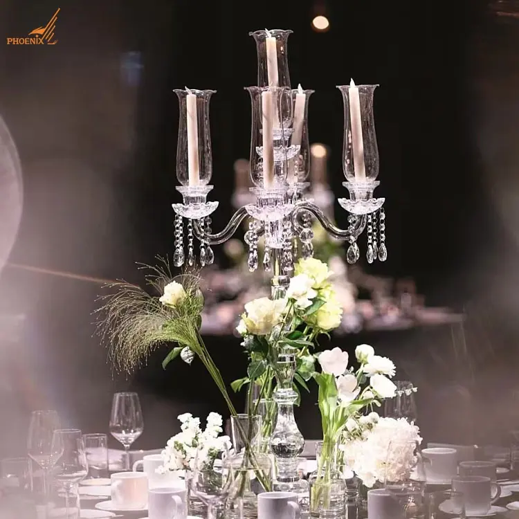 Luxe 100 Cm Tall 5 Houders Glas Orkaan K9 Kristal Centerpieces Clear Bruiloft Kandelaar Groothandel