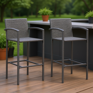 Set Of 2 Grey Pe Rattan <b>Bar</b> <b>Stools</b> With Powder Coated Steel Frame <b>Outdoor</b> Modern Contemporary Design - Product Image 2