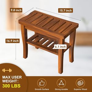 Tabouret de salle de bain double couche en teck 28,4x43x45 cm, banc de douche avec rangement pour adultes et personnes âgées - Product Image 5