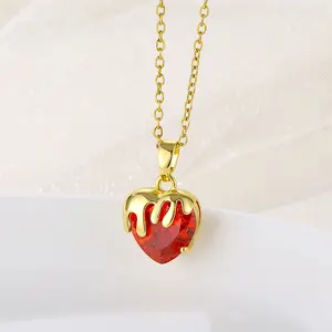 Personalized Design Ruby Gemstone Love Pendant Necklace Stainless Steel Crystal Love Heart Pendant Necklace