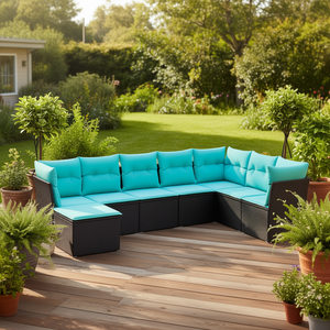 ชุดโซฟาลานบ้านหวายโพลีสีดำ 8 ชิ้นพร้อมเบาะรองนั่ง เฟอร์นิเจอร์กลางแจ้ง สไตล์ร่วมสมัย ที่นั่ง 8 คน - Product Image 2