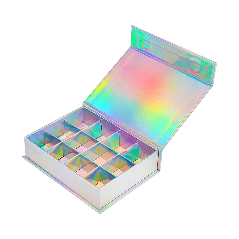 Custom Chocolate Box With Dividers Laser Silver Boxes Holographic Paper Packaging Gift Boxes For 12 Piece Chocolate