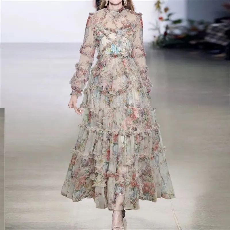 Vestido Top Chất Lượng Phụ Nữ Dài Dress 2022 Mùa Xuân Hè Wedding Party Ladies Charming Floral Print Dài Tay Maxi Dress Gown