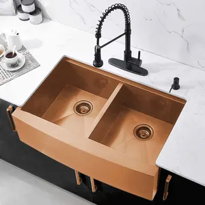 Aquacubic Big 18/16 Gauge Double Bowl 304 Stainless Steel Golden Kitchen Apron Front Sink With Ledge