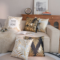 Housse de coussin carrée en velours doré avec imprimé feuilles dorées et lettres, pour chambre et canapé, décoration d'intérieur tendance