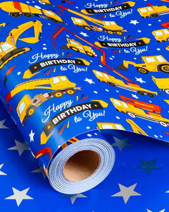 Blue cartoon excavator <b>children</b> gift wrapping paper Irregular silver star <b>children</b> birthday gift wrapping paper Customizable - Product Image 1