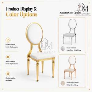 Chaise de réception ovale en acier inoxydable doré avec dossier médaillon et coussin blanc pour salles de banquet – Vente en gros de sièges - Product Image 5