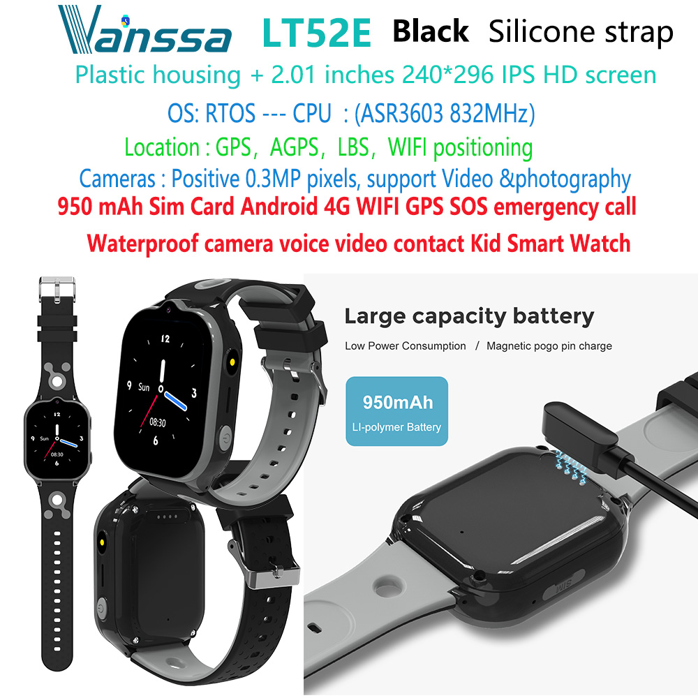 Negro LT52E-niños-niño-4g-gps-sos-reloj-inteligente