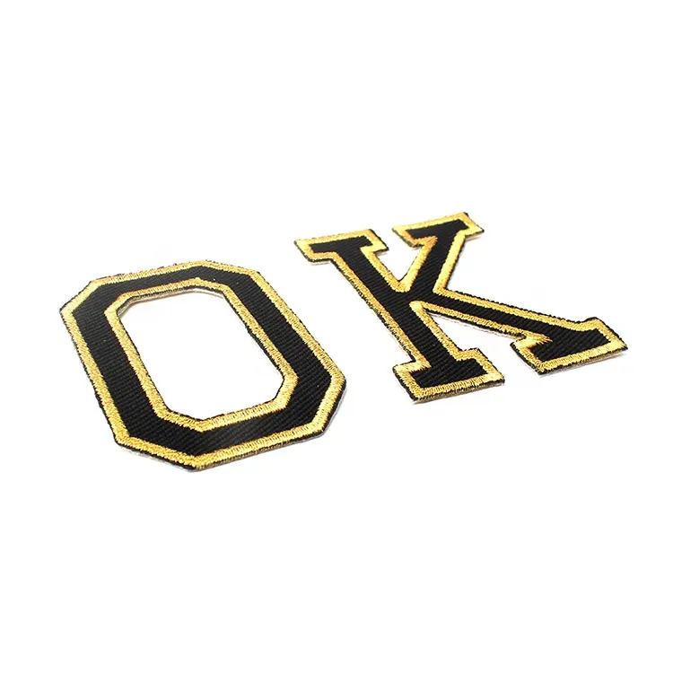 Custom Sew on Metallic Gold Thread Machine Iron on Embroidery Letter Patches for Hats Sports Wear