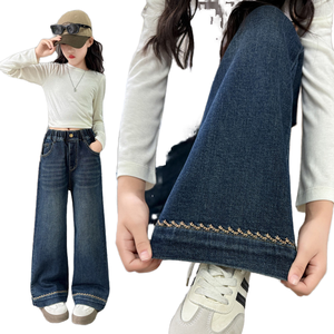 Pantalones vaqueros de invierno para niñas, de pierna recta, forrados de vellón, gruesos, transpirables, holgados, estampados, de tela de estambre para niñas grandes - Product Image 1