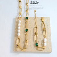 Gentle Temperament Retro Emerald Zircon Fresh Water Pearl Link Chain Necklace Set Link Chain Pearl Zircon Necklace Bracelet Set
