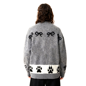 Premium Grey Cute Black <strong>Cat</strong> and Bow Element Thick <strong>Cardigan</strong> for Women with Horn Buttons Autumn - Product Image 2