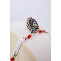 Bijou vintage pour femme en argent 925, motif fleur, perles rouges Rakhadi, finition oxydée, sertissage griffe, Manish Jewellers MJR011, personnalisable